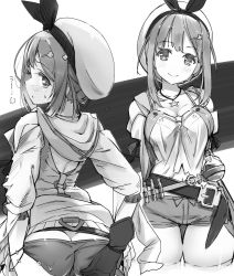 Rule 34 | 1girl, ass, atelier (series), atelier ryza, atelier ryza 1, azumi akitake, belt, breasts, butt crack, cleavage, greyscale, hat, jewelry, looking at viewer, monochrome, necklace, reisalin stout, short shorts, shorts, smile, solo, thighs