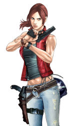 Rule 34 | 1girl, bag, bare shoulders, belt, black tank top, blue eyes, brown hair, claire redfield, closed mouth, denim, gun, holding, holding gun, holding weapon, holster, jeans, knife, looking back, midriff, naoki serizawa, navel, pants, ponytail, red vest, resident evil, ripped jeans, sleeveless, solo, standing, tank top, torn clothes, vest, watch, weapon