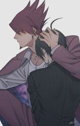 Rule 34 | 2boys, ahoge, black hair, black jacket, closed mouth, collarbone, danganronpa (series), danganronpa v3: killing harmony, facial hair, from side, goatee, grey background, grey shirt, hand on another&#039;s head, highres, jacket, long sleeves, male focus, momota kaito, multiple boys, open clothes, open shirt, pants, pink hair, pink jacket, pink pants, profile, saihara shuichi, shirt, signature, simple background, space print, starry sky print, striped clothes, striped jacket, tuzuriya, upper body, white shirt