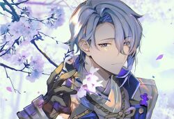 Rule 34 | 1boy, black gloves, blue eyes, blue hair, blue sky, blurry, blurry background, branch, buttons, closed mouth, collared jacket, day, flower, genshin impact, gloves, hair between eyes, hand up, highres, jacket, kamisato ayato, long sleeves, looking at viewer, male focus, mole, mole under mouth, open clothes, open jacket, outdoors, petals, plus q, purple flower, shirt, short hair, sky, smile, solo, upper body, white jacket, white shirt