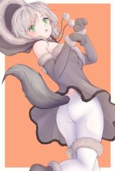 Rule 34 | 1girl, absurdres, animal hands, ass, bare shoulders, blush, border, breasts, dress, elbow gloves, fang, gloves, green eyes, grey dress, grey gloves, highres, hood, looking at viewer, nachi-kun, open mouth, orange background, pantyhose, pantylines, paw gloves, sanya v. litvyak, short hair, simple background, small breasts, solo, strike witches, tail, white border, white hair, white pantyhose, wolf tail, world witches series