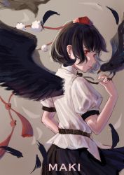 Rule 34 | 1girl, absurdres, animal, animal on hand, belt, bird, bird wings, black belt, black feathers, black hair, black ribbon, black skirt, black wings, collared shirt, crow, feathered wings, feathers, grey background, hat, highres, lips, maki (user dfmu5487), painting (action), pom pom (clothes), puffy short sleeves, puffy sleeves, red eyes, red hat, ribbon, shameimaru aya, shirt, short hair, short sleeves, skirt, tengu, tokin hat, touhou, white shirt, wings