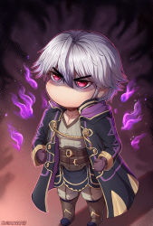 Rule 34 | absurdres, boots, chibi, cloak, evomanaphy, fire, fire emblem, fire emblem heroes, furrowed brow, gloves, grima (fire emblem) (male), highres, looking up, nintendo, no mouth, purple cloak, purple fire, red eyes, robin (fire emblem), robin (male) (fire emblem), slit pupils, white hair