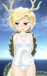 Rule 34 | blonde hair, brown eyes, cowboy shot, day, dragon horns, dragon tail, embarrassed, horns, kicchou yachie, one-piece swimsuit, open mouth, outdoors, school swimsuit, solo, standing, swimsuit, tail, touhou, turtle shell, white one-piece swimsuit, winn