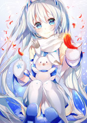 Rule 34 | 1girl, 1other, absurdres, bare shoulders, black neckwear, blue eyes, boots, bow, detached sleeves, falling feathers, feathers, hair ornament, hatsune miku, headset, highres, long hair, looking at viewer, mittens, necktie, rabbit, rabbit yukine, red feathers, scarf, shirt, sitting, sitting on lap, sitting on person, skirt, sleeveless, sleeveless shirt, smile, snowflake print, snowing, thigh boots, thighhighs, tsukasa (pixiv34617881), twintails, very long hair, vocaloid, white hair, white scarf, white shirt, white skirt, white sleeves, white thighhighs, yuki miku, yuki miku (2011)