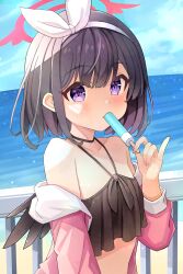 Rule 34 | 1girl, absurdres, bikini, black bikini, black hair, black wings, blue archive, blush, collarbone, day, food, frilled bikini, frills, hairband, halo, halterneck, highres, holding, holding food, jacket, looking at viewer, mashiro (blue archive), mashiro (swimsuit) (blue archive), nomio, official alternate costume, outdoors, pink jacket, popsicle, purple eyes, red halo, short hair, solo, swimsuit, upper body, white hairband, winged halo, wings