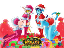 Rule 34 | 2girls, all fours, bikini, blonde hair, blood elf (warcraft), blue hair, blue skin, blush, breasts, butcherboy, christmas, christmas elf, cleavage, colored skin, draenei, elf, green eyes, horns, large breasts, long hair, monster girl, multiple girls, pointy ears, santa costume, swimsuit, thighhighs, warcraft, world of warcraft