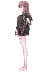 Rule 34 | 1girl, arm at side, black choker, black jacket, blush, bow, brown hair, choker, closed mouth, commentary, from side, full body, hair between eyes, hair bow, hair ornament, high-waist skirt, highres, hood, hood down, hooded jacket, jacket, jirai kei, long hair, looking afar, natsuoto rito, open clothes, open jacket, original, pink footwear, pink skirt, pink thighhighs, profile, red eyes, shoes, simple background, skirt, sleeves past wrists, smile, sneakers, standing, straight hair, tachi-e, thigh strap, thighhighs, two side up, white background, white bow, x hair ornament, zettai ryouiki, zipper