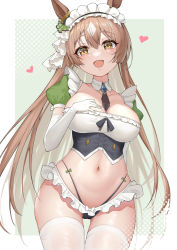 Rule 34 | 1girl, :d, absurdres, animal ears, bow, breasts, brown eyes, brown hair, cleavage, ear ribbon, elbow gloves, fang, gloves, green background, green ribbon, hand on own chest, heart, highres, hongye feixue, horse ears, horse girl, large breasts, long hair, looking at viewer, maid, navel, open mouth, polka dot, polka dot background, puffy short sleeves, puffy sleeves, ribbon, satono diamond (umamusume), short sleeves, skin fang, smile, solo, stomach, thighhighs, thighs, two-tone background, umamusume, white background, white gloves, white thighhighs