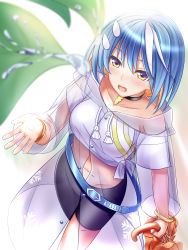 Rule 34 | 1girl, belt, blue hair, breasts, eyebrows hidden by hair, hair between eyes, highres, holding, holding umbrella, leaf, looking at viewer, looking up, medium breasts, multicolored hair, nyabe, open mouth, orange hair, original, short hair, skirt, smile, solo, stomach, umbrella, water drop, yellow eyes