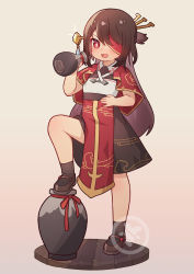 Rule 34 | 1girl, absurdres, aged down, beidou (genshin impact), black dress, black socks, blush, bottle, brown footwear, brown hair, capelet, collared dress, colored eyepatch, dress, eyepatch, genshin impact, gradient background, hair ornament, hair stick, hairpin, highres, lmonster guai, long hair, looking at viewer, mary janes, red capelet, red eyes, sake bottle, shoes, socks, solo, standing on object