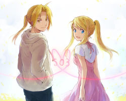 Rule 34 | 1boy, 1girl, :d, bad id, bad pixiv id, blonde hair, blue eyes, casual, dress, edward elric, fullmetal alchemist, hands in pockets, heart, heart of string, light smile, looking back, open mouth, ponytail, riru, smile, winry rockbell, yellow eyes
