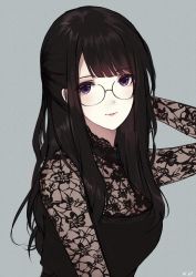 Rule 34 | 1girl, arm up, black hair, breasts, caidychen, floral print, glasses, grey background, hand in own hair, highres, lace, long hair, looking at viewer, medium breasts, original, red lips, round eyewear, simple background, solo, upper body