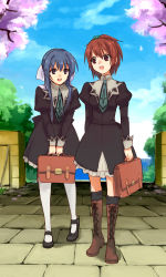 Rule 34 | 00s, 01 0219, 2girls, aoi nagisa, bag, black dress, black footwear, black socks, blue hair, boots, bow, briefcase, brown eyes, brown footwear, brown hair, cherry blossoms, cloud, cross, cross-laced footwear, cross print, day, dress, full body, hair bobbles, hair bow, hair ornament, holding, holding bag, inverted cross, juliet sleeves, kneehighs, lace-trimmed sleeves, lace-up boots, lace trim, legs apart, long hair, long sleeves, looking at another, mary janes, multiple girls, necktie, ocean, open mouth, outdoors, pantyhose, pavement, petals, phone wallpaper, ponytail, puffy sleeves, school uniform, shadow, shoes, sidelocks, sky, sleeves rolled up, socks, standing, strawberry panic!, suzumi tamao, tree, v arms, wallpaper, white legwear