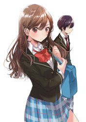 Rule 34 | 1boy, 1girl, bag, black jacket, blazer, blue skirt, bow, bowtie, buttons, collared shirt, cover, cover page, fly 333, hair between eyes, hair ornament, hairpin, jacket, long hair, long sleeves, looking at viewer, necktie, novel cover, pants, plaid, plaid pants, pleated skirt, purple hair, red bow, red bowtie, red necktie, school bag, shiawase nisetai doukyou keikaku, shirt, shoulder bag, simple background, skirt, standing, swept bangs, white background, wing collar