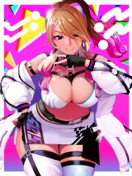 Rule 34 | 1girl, absurdres, artist request, belt, bikini, bikini top only, black eyes, black gloves, breasts, brown hair, coat, commentary request, dark skin, dark-skinned female, fingerless gloves, garter straps, gloves, gradient hair, gyaru, highres, idolmaster, idolmaster shiny colors, izumi mei, large breasts, long hair, looking at viewer, midriff, miniskirt, multicolored hair, nail polish, navel, off shoulder, open clothes, open coat, pencil skirt, pink nails, ponytail, skindentation, skirt, solo, streaked hair, swimsuit, thighhighs, white coat