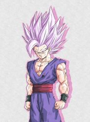 Rule 34 | 1boy, absurdres, black wristband, cowboy shot, dougi, dragon ball, dragon ball super, dragon ball super super hero, gohan beast, highres, long hair, male focus, muscular, muscular male, pants, purple hair, purple pants, purple shirt, red eyes, red sash, sash, shirt, solo, son goku, spiked hair, tomatojuice411, torn clothes, torn shirt, white background, white hair