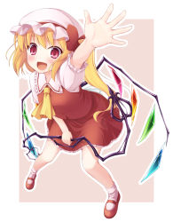 Rule 34 | 1girl, :d, blonde hair, fang, female focus, flandre scarlet, hat, laevatein, mob cap, nullken, open mouth, outstretched arm, outstretched hand, red eyes, ribbon, side ponytail, smile, solo, touhou, waving, wings