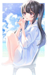 Rule 34 | 1girl, bare legs, barefoot, beach, black hair, blue sky, blush, cloud, commentary request, cumulonimbus cloud, cup, drink, hair between eyes, highres, holding, holding cup, light particles, light rays, long hair, looking at viewer, ocean, on chair, open mouth, original, oversized clothes, red eyes, shirt, sidelocks, sitting, sky, summer, sunbeam, sunlight, twintails, tyutaka0427, water drop, white shirt
