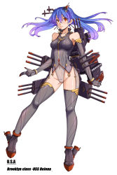 Rule 34 | 12cat, 1girl, aircraft, airplane, anchor, anklet, armlet, armpits, bare shoulders, blue hair, blush, bracelet, breasts, cannon, character name, closed mouth, covered navel, earrings, elbow gloves, floating hair, full body, gloves, gradient hair, grey gloves, grey thighhighs, groin, hair between eyes, hair ornament, headgear, helena (warship girls r), high collar, highleg, highleg leotard, highres, jewelry, legs apart, leotard, long hair, looking at viewer, machinery, mecha musume, medium breasts, multicolored hair, official art, orange eyes, original, parted bangs, personification, platform footwear, pointing, purple hair, red eyes, remodel (warship girls r), ribbed leotard, shiny skin, shirt, simple background, sleeveless, sleeveless shirt, solo, standing, stud earrings, thighhighs, turret, twintails, warship girls r, weapon, white background