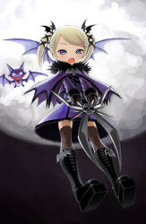 Rule 34 | 1girl, bat (animal), bat wings, black footwear, black gloves, black wings, blonde hair, blue eyes, boots, capelet, casper (deathsmiles), cross-laced footwear, deathsmiles, dress, emblem, familiar, flying, full body, gloves, gothic lolita, hair ornament, highres, hiro1984, holding, holding weapon, knee boots, lace, lace-trimmed dress, lace-up boots, lace trim, lolita fashion, long sleeves, looking at viewer, moon, open mouth, oversized object, purple capelet, purple dress, scissors, short dress, short hair, skull, solo, swept bangs, thighhighs, twintails, weapon, wings, x hair ornament