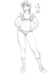 Rule 34 | 1girl, absurdres, bare legs, bare shoulders, bikini, breasts, cleavage, daikokuya3669, earrings, gloves, hands on own hips, highres, jewelry, kinnikuman, kinnikuman lady, large breasts, looking at viewer, monochrome, muscular, muscular female, open mouth, short hair, shoulder tattoo, solo, swimsuit, tattoo, the terryman girl, translation request, wide hips, wrestling, wrestling outfit