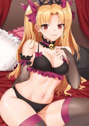 Rule 34 | 1girl, abs, absurdres, arm ribbon, bare shoulders, bed, black bra, black panties, blonde hair, blush, bra, breasts, bridal gauntlets, canopy bed, choker, cleavage, closed mouth, collarbone, commentary, earrings, elbow gloves, ereshkigal (fate), fate/grand order, fate (series), gloves, hair ribbon, highres, jewelry, lace, lace-trimmed bra, lace trim, lingerie, long hair, looking at viewer, medium breasts, navel, on bed, panties, pillow, reclining, red eyes, red ribbon, ribbon, shiny skin, skull choker, smile, solo, thighhighs, thighs, tiara, toned, two side up, underwear, woshikun01