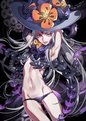Rule 34 | 1girl, abigail williams (fate), abigail williams (third ascension) (fate), armpits, black background, black bow, black panties, bow, breasts, cowboy shot, fate/grand order, fate (series), grey hair, hands up, hat, hat bow, highres, long hair, looking at viewer, navel, orange bow, panties, parted lips, polka dot, polka dot bow, red eyes, revealing clothes, small breasts, smile, solo, suction cups, tenobe, tentacles, underwear, very long hair