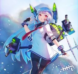 Rule 34 | 1girl, absurdres, arpeggio kaga, black gloves, black pantyhose, blunt bangs, breasts, commission, cowboy shot, dress, fingerless gloves, gloves, hair ribbon, headgear, highres, holding, holding polearm, holding spear, holding weapon, kantai collection, long hair, machinery, murakumo (kancolle), necktie, open mouth, pantyhose, polearm, red eyes, red necktie, red ribbon, ribbon, sailor dress, sidelocks, signature, silver hair, skeb commission, small breasts, solo, spear, thighband pantyhose, tress ribbon, turret, very long hair, weapon