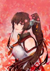 Rule 34 | 1girl, artist name, brown hair, cherry blossoms, commentary request, detached sleeves, flower, hair flower, hair ornament, highres, kantai collection, kikumon, long hair, looking at viewer, nidou, ponytail, red background, red eyes, sleeveless, smile, solo, upper body, yamato (kancolle), z flag