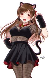 Rule 34 | 1girl, absurdres, animal ears, artist name, bell, black dress, black gloves, black pantyhose, blood, blood from mouth, bow choker, brown hair, cat earrings, cat ears, cat tail, choker, claw pose, commentary, cowboy shot, dress, earrings, facial scar, fake animal ears, fake tail, fangs, fingerless gloves, fishnet pantyhose, fishnets, gen (enji), gloves, hair ribbon, half-closed eyes, halloween, halloween costume, highres, idolmaster, idolmaster cinderella girls, jewelry, jingle bell, long hair, looking at viewer, neck bell, nitta minami, open mouth, pantyhose, red choker, red eyes, red ribbon, ribbon, scar, scar on cheek, scar on face, short dress, short sleeves, signature, smile, solo, standing, tail, white background