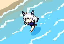 Rule 34 | 1girl, animal ears, beach, blush, breasts, brown eyes, chibi, clenched hands, commentary request, grey hair, hair ornament, hishi miracle (umamusume), horse ears, horse tail, medium breasts, medium hair, ocean, running, salmon modoki, school swimsuit, swimsuit, tail, umamusume, water