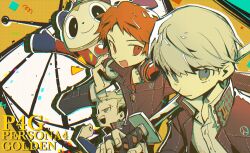 Rule 34 | 3boys, bbbbbaasos, black jacket, blonde hair, brown eyes, brown hair, clenched hand, closed mouth, copyright name, grey hair, hanamura yousuke, headphones, headphones around neck, highres, holding, holding sword, holding weapon, jacket, kuma (persona 4), male focus, multiple boys, narukami yuu, open mouth, over shoulder, persona, persona 4, persona 4 the golden, scar, school uniform, simple background, sword, tatsumi kanji, weapon, weapon over shoulder, yasogami school uniform