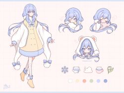 Rule 34 | 1girl, animal ear hood, blue eyes, blue hair, blue sailor collar, character sheet, chibi, closed eyes, closed mouth, coffee cup, color guide, cup, disposable cup, dress, fake animal ears, heart, highres, hood, jacket, kneehighs, long hair, one eye closed, original, pom pom (clothes), sailor collar, signature, smile, snow (iceysnowie), snowflakes, socks, solo, striped clothes, striped socks, twintails, vertical-striped clothes, vertical-striped socks, white hood, white jacket, white socks, wide sleeves, yellow dress, yellow footwear
