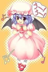 Rule 34 | 1girl, bat wings, blue hair, female focus, full body, halftone, halftone background, hat, musical note, open mouth, red eyes, remilia scarlet, shoes, solo, takeda aranobu, touhou, wings