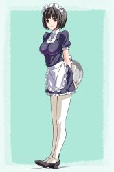 Rule 34 | 1girl, apron, black footwear, black hair, brown eyes, character request, commentary request, highres, looking at viewer, maid, maid apron, maid headdress, short hair, smile, standing, suzutsuki kurara, thighhighs, tray, white thighhighs