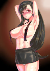 Rule 34 | 1girl, absurdres, areola slip, armpits, arms behind head, arms up, black hair, blush, breasts, convenient censoring, der zweite, earrings, final fantasy, final fantasy vii, frown, gradient background, highres, jewelry, large breasts, long hair, looking at viewer, navel, panties, red eyes, simple background, skirt, solo, standing, sweat, tifa lockhart, underwear, white panties