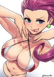 Rule 34 | 1girl, artist name, bikini, blue eyes, breasts, creatures (company), dracksart, earrings, from above, game freak, highres, jessie (pokemon), jewelry, large breasts, long hair, navel, nintendo, pokemon, pokemon (anime), purple hair, signature, simple background, solo, sphere earrings, swimsuit, tongue, tongue out, watermark, white background