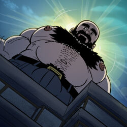 Rule 34 | 1boy, backlighting, bald, bara, beard, belly, body fur, building, bulge, cochinote, facial hair, fat, fat man, foreshortening, from below, full beard, giant, giant male, highres, huge eyebrows, large pectorals, looking at viewer, looking down, male focus, mature male, meme, muscular, muscular male, nipples, original, pants, pectorals, photo-referenced, short hair, solo, sparse navel hair, standing, strongman waist, sunlight, thick beard, thick chest hair, thick eyebrows, thick mustache, topless, topless male, upper body, yur oc like this (meme)