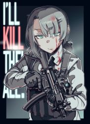 Rule 34 | 1girl, black gloves, blood, blood on clothes, blood on face, bulletproof vest, collared shirt, desert (desel 1), gloves, grey shirt, gun, h&amp;k mp5, hair behind ear, hair ornament, hairclip, highres, holding, holding gun, holding weapon, original, photo-referenced, shirt, solo, submachine gun, upper body, weapon