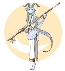 Rule 34 | 1boy, :3, anklet, bangle, barefoot, blue skin, bracelet, closed mouth, colored skin, commentary request, dragon boy, dragon horns, dragon tail, dress, ear piercing, full body, green hair, grey horns, hands up, highres, holding, holding scythe, holding weapon, horns, jewelry, long hair, looking at viewer, male focus, monster boy, original, pelvic curtain, piercing, pink eyes, pink nails, pointy ears, scales, scythe, sidelocks, simple background, sleipnirrrr, solo, standing, standing on one leg, tail, trap, weapon, white dress, yellow background
