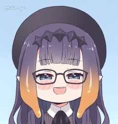 Rule 34 | 1girl, :d, beret, black-framed eyewear, black hair, black hat, blunt bangs, blush stickers, chibi, commentary, english commentary, glasses, gradient hair, grey shirt, half-closed eyes, hat, headpiece, hololive, hololive english, kukie-nyan, long hair, looking at viewer, multicolored hair, ninomae ina&#039;nis, ninomae ina&#039;nis (casual), open mouth, orange hair, pinstripe pattern, pinstripe shirt, purple hair, shirt, sidelocks, smile, solo, striped, tentacle hair, twitter username, upper body, virtual youtuber