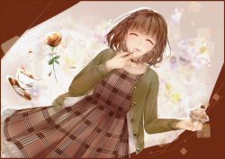 Rule 34 | 1girl, ayakami, bad id, bad pixiv id, blunt bangs, borrowed character, brown dress, brown hair, brown nails, brown theme, closed eyes, collarbone, cup, dress, dutch angle, eating, facing viewer, flower, food, fork, holding, holding food, jacket, mont blanc (food), original, rose, solo, standing, tea, teacup