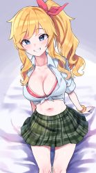 Rule 34 | 1girl, absurdres, bed sheet, blonde hair, blue eyes, bra, breasts, cleavage, collared shirt, commentary request, crop top, front-tie top, green eyes, grin, hair ribbon, highres, idolmaster, idolmaster cinderella girls, large breasts, long hair, looking at viewer, midriff, navel, ohtsuki yui, plaid, plaid skirt, red bra, red ribbon, ribbon, shirt, short sleeves, side ponytail, sitting, skirt, smile, solo, sutora binsuke, swept bangs, tied shirt, underwear, white shirt, wristband