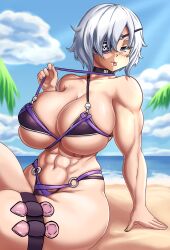 Rule 34 | 1girl, absurdres, aina winchester, beach, bikini, blue eyes, breasts, choker, cleavage, curvy, eyepatch, female focus, highres, huge breasts, looking at viewer, muscular, muscular female, navel, short hair, skindentation, solo, succubai, swimsuit, taimanin (series), thigh strap, tongue, tongue out, underboob, white hair