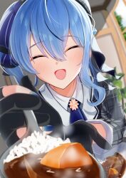 Rule 34 | 1girl, artist request, blue hair, blurry, blurry background, blush, closed eyes, curry, feeding, food, hat, highres, hololive, hoshimachi suisei, incoming food, open mouth, plate, pov, rice, smile, spoon, virtual youtuber
