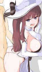Rule 34 | 1boy, 1girl, against wall, ass, ass press, blue eyes, blush, bottomless, breasts, brown hair, butt crack, curvy, doggystyle, donutman, hat, hetero, highres, huge ass, kirara fantasia, large breasts, new game!, open mouth, sex, sex from behind, sideboob, simple background, skindentation, takimoto hifumi, thick thighs, thighs, white background, wide hips