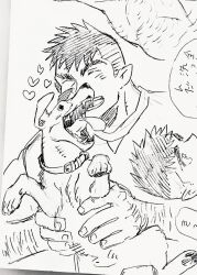Rule 34 | 1boy, affectionate, animal, arm hair, bara, blush, casual, collage, contemporary, cropped, dickfish (fishismdick), dog, heart, highres, holding, holding animal, john rottweil (dickfish), male focus, muscular, muscular male, original, scan, shirt, short hair, sideburns, sketch, thick eyebrows, tongue, tongue out, traditional media