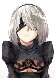 Rule 34 | 1girl, blindfold, breasts, cleavage, hairband, hews, lips, mole, mole under mouth, nier (series), nier:automata, short hair, silver hair, small breasts, solo, upper body, 2b (nier:automata)