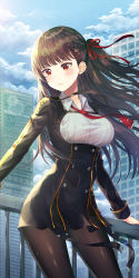 Rule 34 | 1girl, black hair, black jacket, braid, breasts, brown pantyhose, building, buttons, caba (caba091), closed mouth, cloud, collared shirt, cowboy shot, day, double-breasted, floating hair, framed breasts, girls&#039; frontline, hair ribbon, highres, jacket, lens flare, long hair, long sleeves, looking away, medium breasts, necktie, one side up, outdoors, pantyhose, railing, red eyes, red ribbon, ribbon, shirt, solo, standing, sunlight, wa2000 (girls&#039; frontline), white shirt